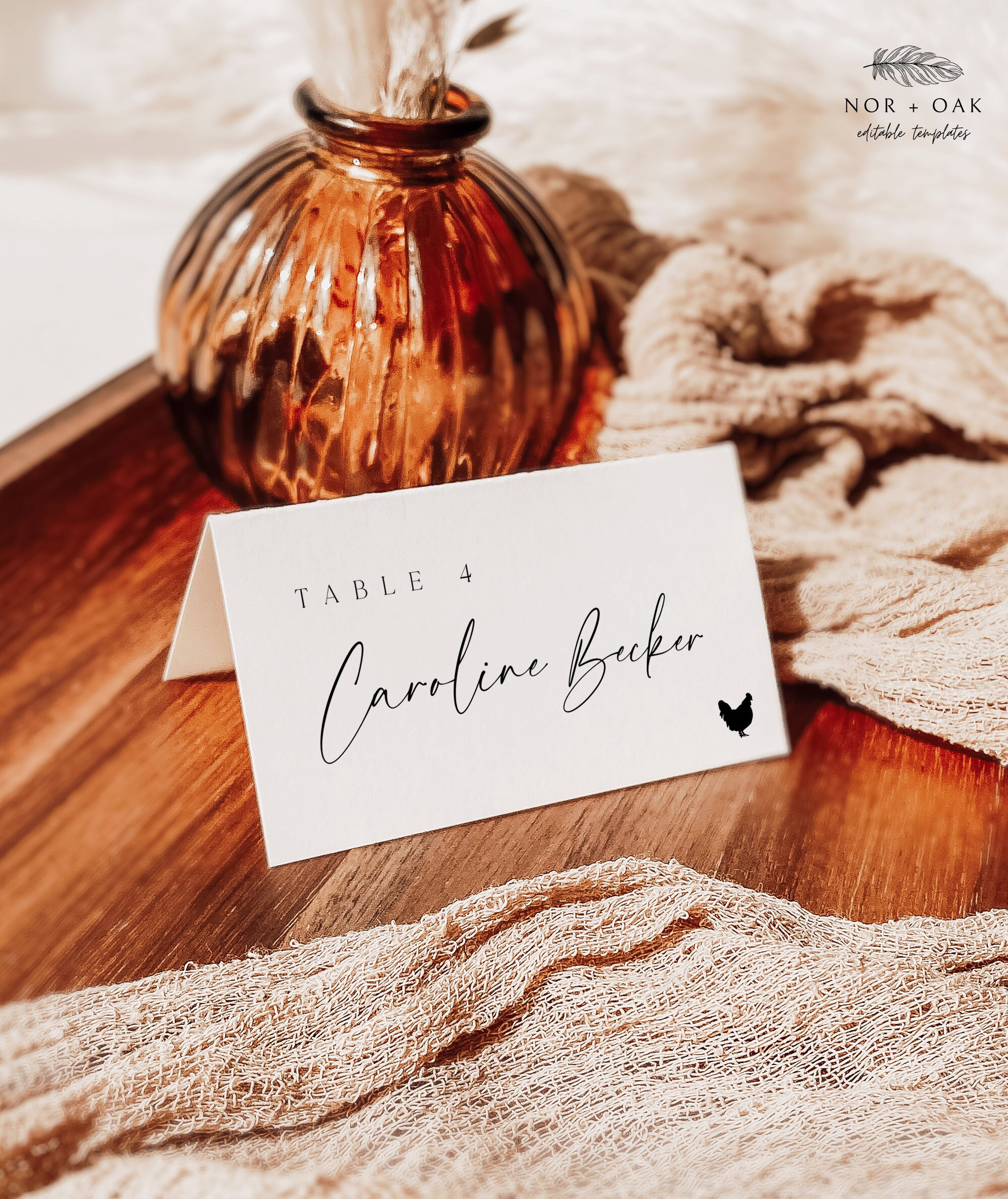 Name Card Template, Place Card With Meal Choice Icon, Boho Wedding Place Card Template, Printable Name Cards, Modern Minimalist Place Card