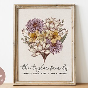 Birth month flower DIY family bouquet editable template with names.