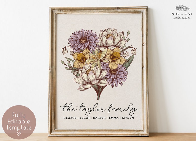 Birth month flower DIY family bouquet editable template with names.