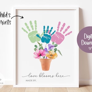 Mothers Day Handprint Craft Printable, Handprint Flowers Bouquet, Preschool Gift for Mom, Card from Toddler, Kid Children Baby Keepsake, DIY