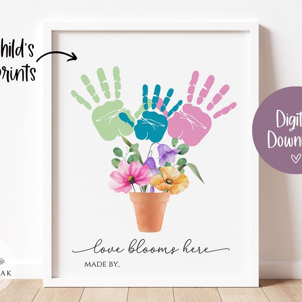 Mothers Day Handprint Craft Printable, Handprint Flowers Bouquet, Preschool Gift for Mom, Card from Toddler, Kid Children Baby Keepsake, DIY