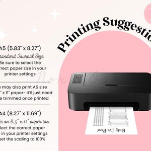 May include: A black printer with a sheet of paper emerging, displaying a "Books I've Read" list. The image includes text about printing suggestions for A5 and A4 paper sizes, with dimensions in inches. The background is a soft pink with decorative elements.