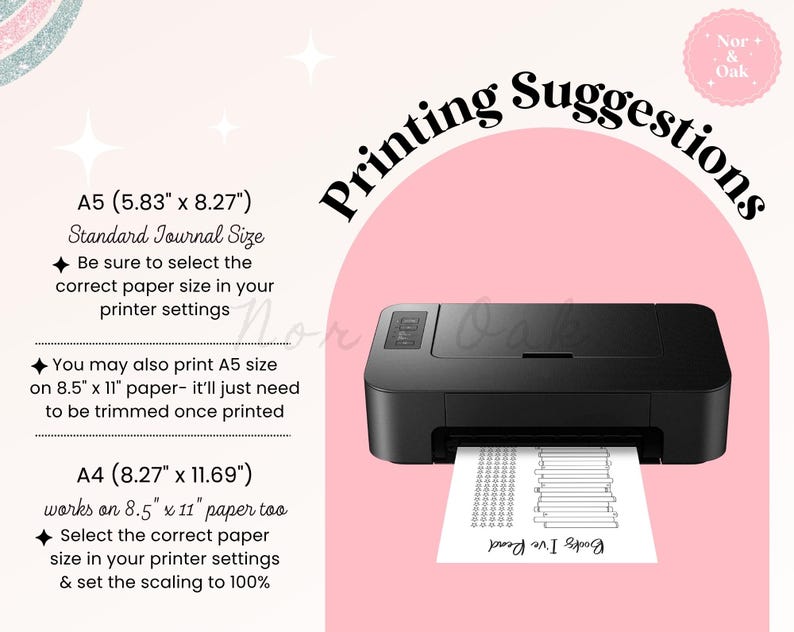 May include: A black printer with a sheet of paper emerging, displaying a "Books I've Read" list. The image includes text about printing suggestions for A5 and A4 paper sizes, with dimensions in inches. The background is a soft pink with decorative elements.