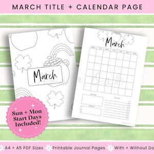 Printable Calendar Page March, Journal Printable, March Title Page, March Calendar, Monthly Title Page, Printable Title Page, Bullet Journal