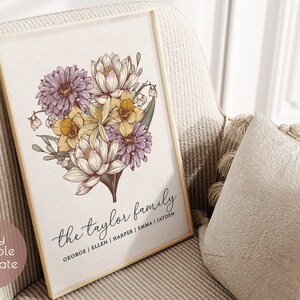 Birth month flower DIY family bouquet editable template with names.
