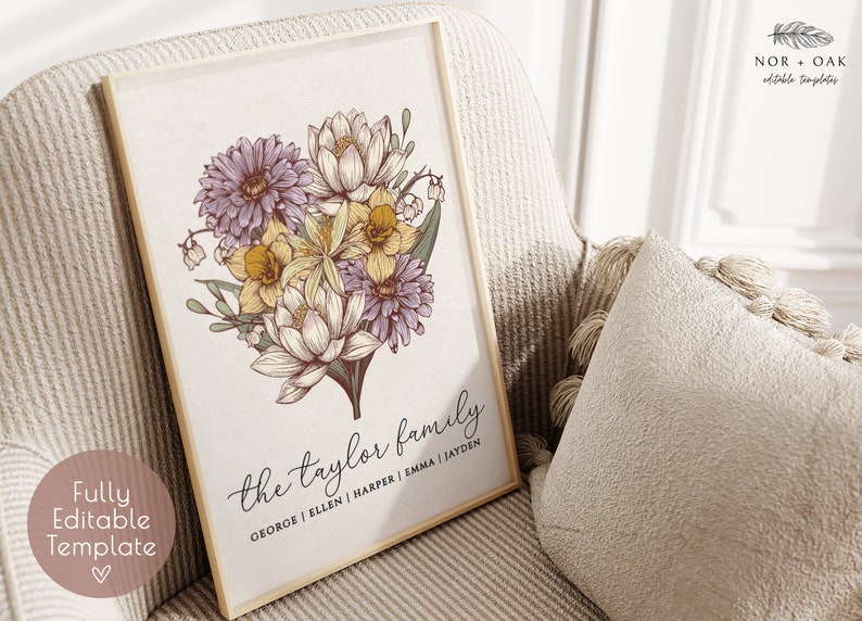 Birth month flower DIY family bouquet editable template with names.