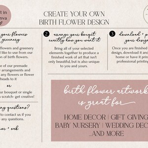 May include: A pink and white graphic design guide with instructions on how to create a birth flower design. The text reads "Create Your Own Birth Flower Design" and includes steps for picking flowers and greenery, arranging the bouquet, and downloading and printing the design. The graphic also states that birth flower artwork is great for home decor, gift giving, baby nursery, wedding decor, and more.