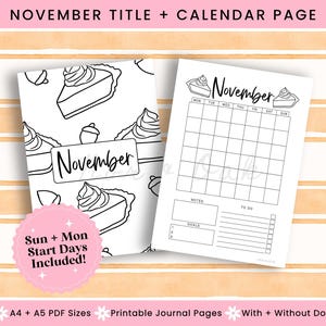 Printable Calendar Page November, Journal Printable, November Title Page, November Calendar, Monthly Title Page, Printable Title Page, Bujo