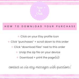 Op de afbeelding: Een roze en witte afbeelding met instructies over het downloaden van een aankoop van Etsy. De tekst bevat stappen zoals klikken op het Etsy-profielpictogram, aankopen en downloadbestanden. De afbeelding bevat ook het Nor & Oak-logo.