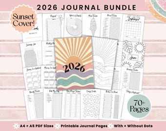 2026 Bullet Journal Bundle Printable, Sunset Cover, Bujo Pages PDF, A5 A4 Size, Journal Trackers, Habit And Mood Trackers, Undated Journal