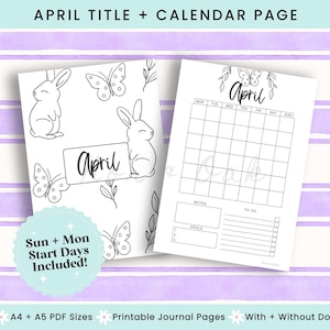 Printable Calendar Page April, Journal Printable, April Title Page, April Calendar, Monthly Title Page, Printable Title Page, Bullet Journal