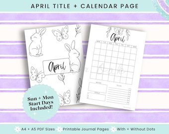 Printable Calendar Page April, Journal Printable, April Title Page, April Calendar, Monthly Title Page, Printable Title Page, Bullet Journal