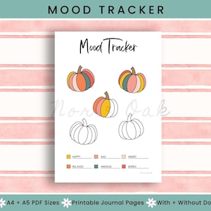 Op de afbeelding: Een witte, afdrukbare mood tracker met de titel "Mood Tracker". Het bevat vijf pompoenillustraties, sommige gekleurd en andere omrand. Kleurgecodeerde emotielabels zijn onder meer blij, verdrietig, boos, ontspannen, angstig en verveeld.