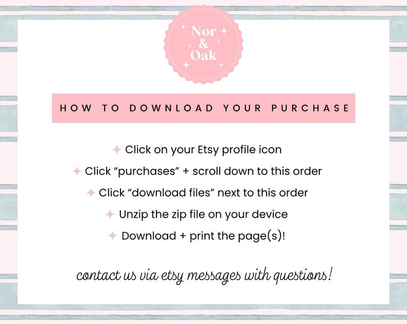 May include: A pink and white graphic with instructions on how to download a purchase from Etsy. The text includes steps like clicking on the Etsy profile icon and downloading files. The Nor & Oak logo is at the top.