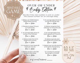 May include: A printable baby shower game card with the text "Over or Under Baby Edition." The card includes questions about babies, such as diaper usage and growth, with space to write answers. The card is 8.5 x 11 inches.