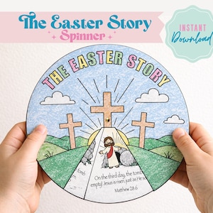 May include: A colorful Easter Story spinner with the text "The Easter Story" and "Spinner". The illustration depicts three crosses, a tomb, and Jesus. The text "Instant Download" is also visible.