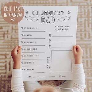Tout sur papa à imprimer, carte de visite vierge à remplir, questionnaire pour papa, cadeau fête des pères pour enfant, modèle modifiable, téléchargement immédiat
