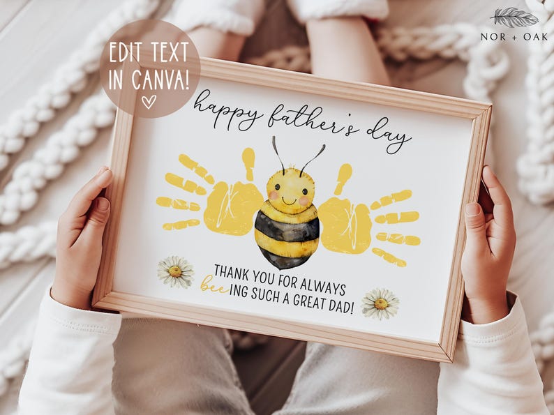 Father's Day Handprint Art, Father's Day Gift, Fathers Day Print, Bee Handprint, Gift for Dad from Kid, Digital Download, Editable Printable image 1