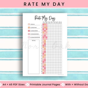 Puede incluir: Una página de diario imprimible con el texto "Rate My Day" en la parte superior. La página presenta una cuadrícula para las calificaciones diarias, codificada por colores de naranja a rosa, y una sección para notas. El fondo es un diseño de acuarela.