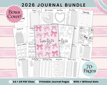 2026 Bullet Journal Bundle Printable, Coquette Bow Cover, Bujo Page PDF, A5 A4 Size, Journal Trackers, Habit & Mood Tracker, Undated Journal