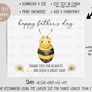 Father's Day Handprint Art, Father's Day Gift, Fathers Day Print, Bee Handprint, Gift for Dad from Kid, Digital Download, Editable Printable image 2