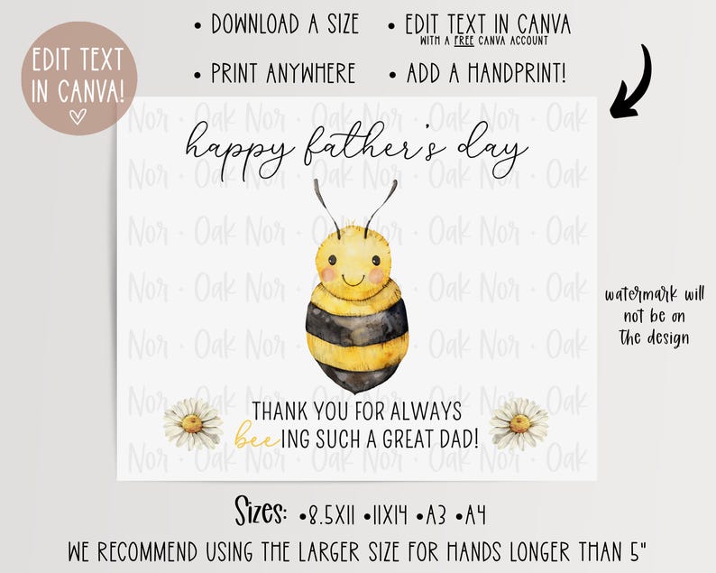 Father's Day Handprint Art, Father's Day Gift, Fathers Day Print, Bee Handprint, Gift for Dad from Kid, Digital Download, Editable Printable image 2