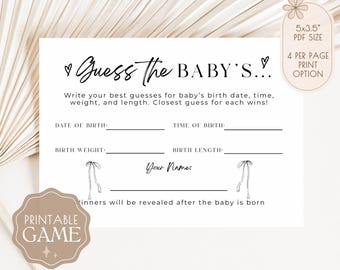 Baby Guess Game, Guess Baby Stats, Baby Predictions Card, Baby Shower Game Printable, Guess Baby Date, Gender Neutral, Instant Download, V1