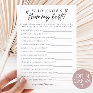 Who Knows Mommy Best Game, Baby Shower Games, Editable Template, Baby Shower Printable, Edit in Canva, Gender Neutral Baby Shower Games, V1