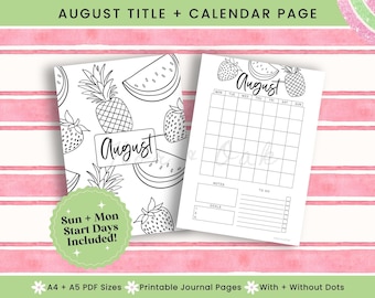 Printable Calendar Page August, Journal Printable, August Title Page, August Calendar, Monthly Title Page, Printable Title Page, Bujo Pages