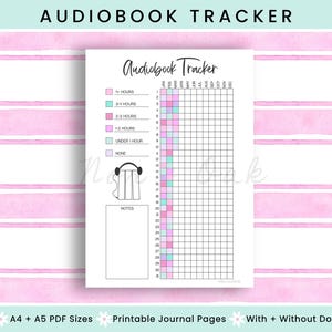 Könnte beinhalten: Ein druckbarer Hörbuch-Tracker mit einem rosa und weißen Aquarelldesign. Der Tracker enthält ein Raster zum Protokollieren der Hörzeit, mit farbcodierten Abschnitten für verschiedene Dauern. Der Text "Audiobook Tracker" steht oben.