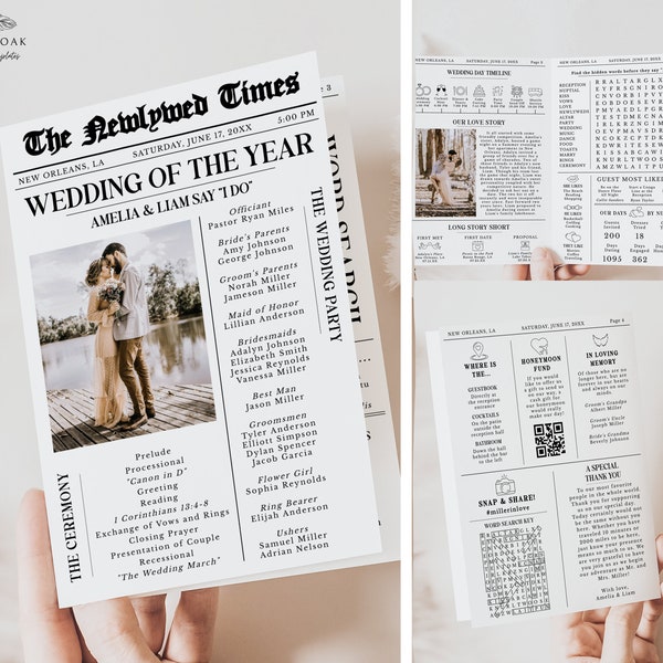 Newspaper Wedding Program Template, Editable Wedding Newspaper Program, Printable Wedding Infographic, Unique Wedding Program, Customized