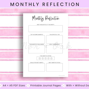 May include: A white printable journal page with the title "Monthly Reflection" in a handwritten font. The page includes sections for highlights, accomplishments, gratitude, challenges, and goals. The background is a pink watercolor stripe pattern.