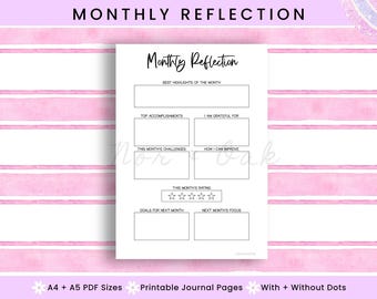 Monthly Reflection, Journal Printable Page, Goal Printable, Self Care, Month Review, Reflection Journal PDF, Month in Review, Journal Insert