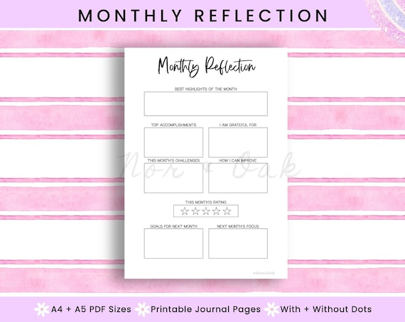 Monthly Reflection, Journal Printable Page, Goal Printable, Self Care, Month Review, Reflection Journal PDF, Month in Review, Journal Insert