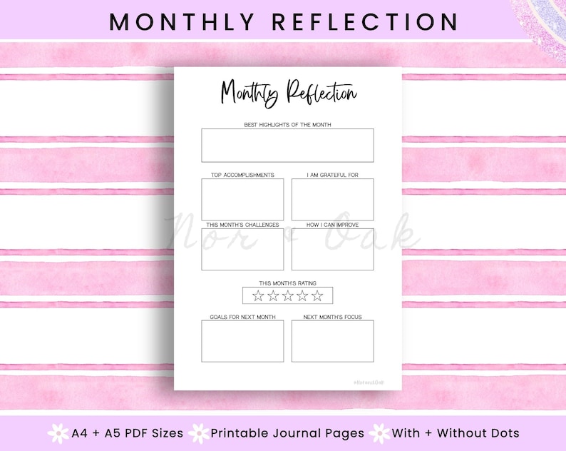 Op de afbeelding: Een witte, bedrukbare journaalpagina met de titel "Monthly Reflection". De pagina bevat secties voor hoogtepunten, prestaties en doelen van de maand. De achtergrond is een roze aquarel strepenpatroon.
