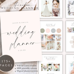 May include: A wedding planner with a pink cover and the text "wedding planner" in black script. The planner has 175+ pages and is available in Canva, PDF, and digital versions.