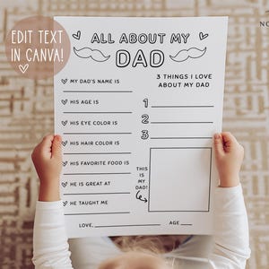 Alles over papa Afdrukbaar, vul de lege vaderdagkaart in, vragenlijst papa, vaderdagcadeau kind, bewerkbare sjabloon, direct downloaden