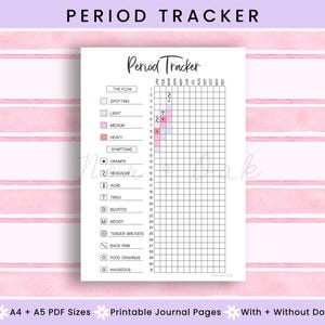 Puede incluir: Una hoja blanca de seguimiento del período con el título "Period Tracker" en la parte superior. El rastreador incluye una cuadrícula para rastrear el ciclo menstrual, con secciones para el flujo, los síntomas y otra información relacionada. El fondo es rosa y blanco.