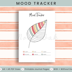Puede incluir: Una página de diario blanca con un rastreador de estado de ánimo. El diseño incluye una hoja con secciones de varios colores. El título "Mood Tracker" está en la parte superior. Debajo hay casillas para rastrear emociones como feliz, triste y enojado.