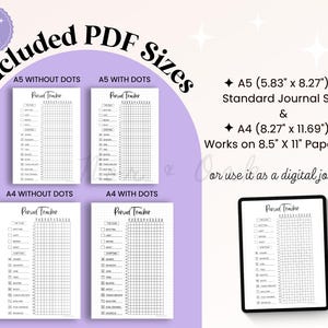 May include: A digital download featuring period tracker templates in A5 and A4 sizes, with and without dots. The templates are designed for use as a standard journal or digital journal, and are compatible with 8.5" x 11" paper.