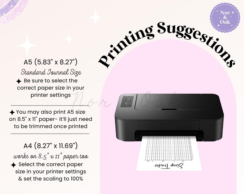 Puede incluir: Una impresora negra con una hoja impresa con la etiqueta "Sleep Tracker" se muestra sobre un fondo rosa. El texto de la izquierda proporciona sugerencias de impresi&oacute;n para tama&ntilde;os de papel A5 y A4, incluidas las dimensiones en pulgadas. La imagen incluye el texto "Printing Suggestions".