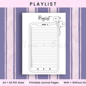 Könnte beinhalten: Eine schwarz-weiße, druckbare Playlist-Journalseite mit einer Smartphone-Umrisslinie und Kopfhörern. Das Wort "Playlist" steht oben. Die Seite enthält nummerierte Zeilen für Songtitel. Der Hintergrund hat ein Streifenmuster.