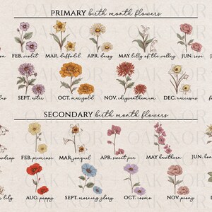 May include: A chart displaying the primary and secondary birth month flowers. The chart is divided into two sections, one for primary flowers and one for secondary flowers. Each month is represented by a flower and its name. The flowers are illustrated in a vintage style.