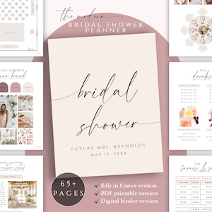 May include: A printable bridal shower planner with a pink and cream color scheme. The planner includes pages for a vision board, seating chart, drinks, favors, and more. The text on the cover reads "The Modern Bridal Shower Planner".