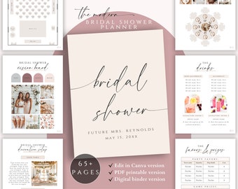 May include: A printable bridal shower planner with a pink and cream color scheme. The planner includes pages for a vision board, seating chart, drinks, favors, and more. The text on the cover reads "The Modern Bridal Shower Planner".
