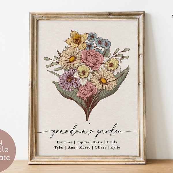 Affiche du jardin de grand-mère, fleur de naissance du jardin de grand-mère, cadeau de fête des mères pour grand-mère, cadeau personnalisé pour grand-mère, jardin de maman, téléchargement