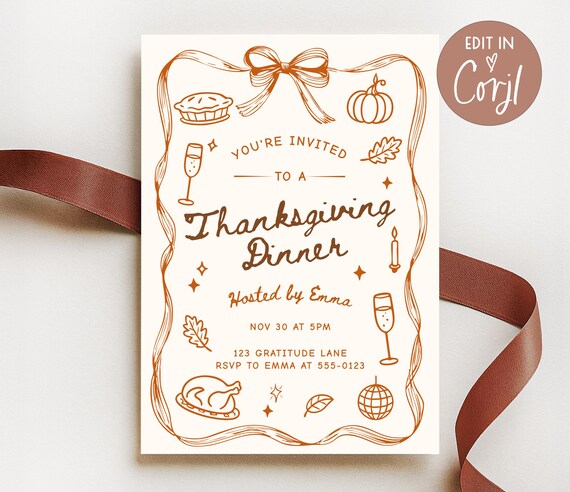 Thanksgiving Dinner Invitation Template, Thanksgiving Invite, Hand Drawn, Editable Template, Giving Thanks Invite, Instant Download, C1