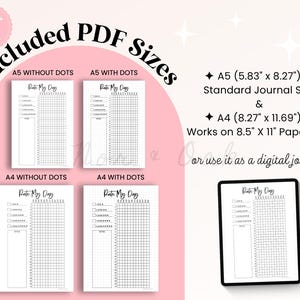 K&ouml;nnte beinhalten: Digitale PDF-Journalvorlagen in A5- und A4-Gr&ouml;&szlig;en, mit und ohne Punkte, werden gezeigt. Das Bild enth&auml;lt ein Tablet, das eine Journalseite anzeigt, und Text, der die Kompatibilit&auml;t mit 21,0 x 29,7 cm Papier anzeigt. Die Journalseiten sind f&uuml;r die t&auml;gliche Bewertung.