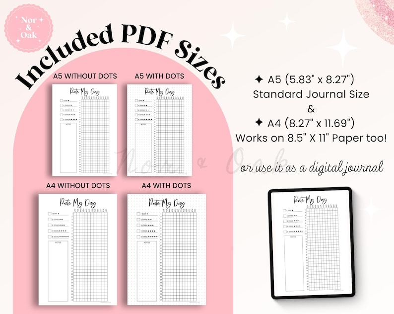 K&ouml;nnte beinhalten: Digitale PDF-Journalvorlagen in A5- und A4-Gr&ouml;&szlig;en, mit und ohne Punkte, werden gezeigt. Das Bild enth&auml;lt ein Tablet, das eine Journalseite anzeigt, und Text, der die Kompatibilit&auml;t mit 21,0 x 29,7 cm Papier anzeigt. Die Journalseiten sind f&uuml;r die t&auml;gliche Bewertung.