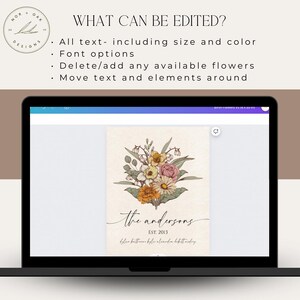 May include: A digital mockup of a printable wall art design featuring a bouquet of flowers in shades of pink, yellow, and white. The text "the andersons EST. 2013" is below the flowers.